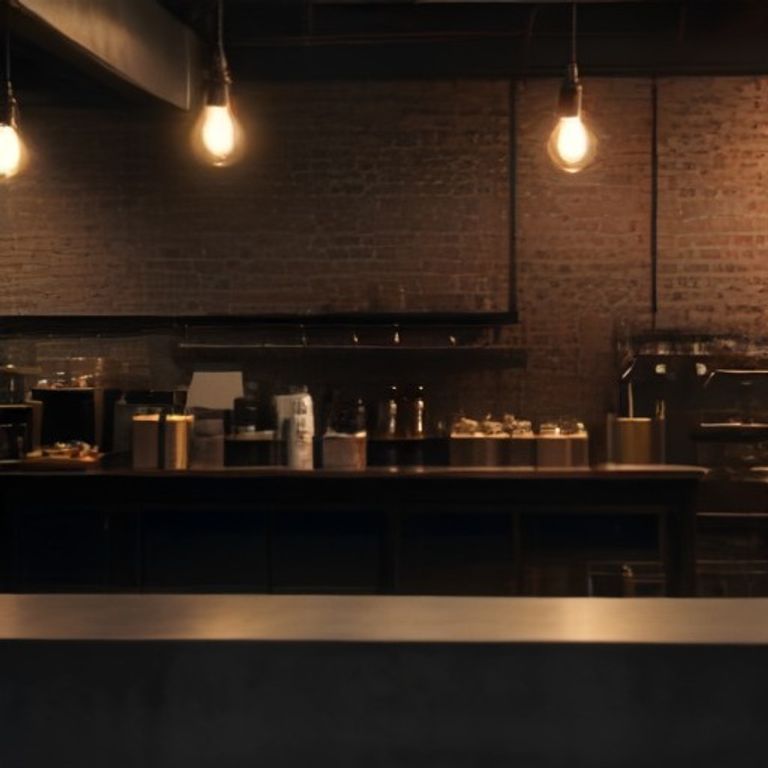 Specialty coffee counter in dark industrial space with brass and amber lighting